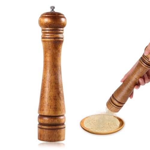 Image of Wooden Pepper Mill 10 Inch Retro Manual Wooden Salt and Pepper Large Grinder with Adjustable Ceramic Rotor Wood Spice Mills Peppermill Grinders for Kitchen Household BBQ Restaurant