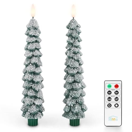 Image of Fanna 2 Snow Covered Christmas Tree Flameless Led Candles with Timer for Winter, Battery Operated Wax Decorative Taper Candles with Remote for Home Decorations - H 25cm