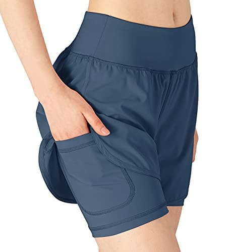 Image of donhobo Womens Running Gym 2 in 1 Sports Shorts with Pockets,Breathable Quick Dry Fitness Shorts for Workout Training Yoga Jogging Pilates Gray Blue M