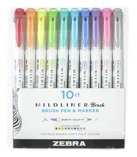Image of Zebra Pen MILDLINER Dual Tip Brush Pens, Felt Tip Pens For Adults, Bullet Tip & Brush Tip Colouring Pens, Double Ended Mildliner, Soft & Mild Colours, 10pk