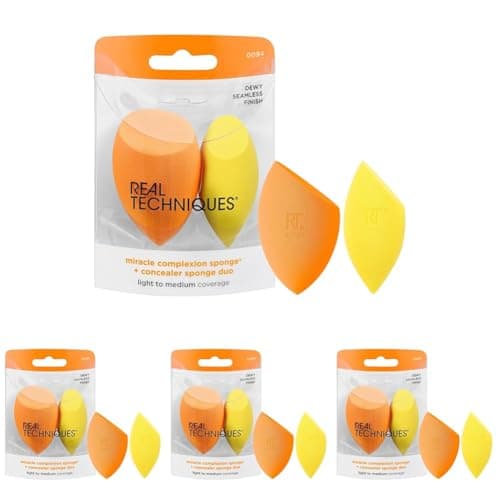 Image of Real Techniques Miracle Complexion Sponge + Concealer Sponge Duo, Makeup Blending Sponges For Foundation & Concealer, Offers Light To Medium Coverage, Natural, Dewy Makeup, Latex-Free Foam 2 Count