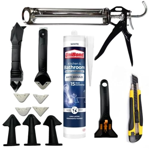 Image of Sealant Application Bundle To Work With UniBond Anti-Mould Kitchen & Bathroom Sealant Includes Silicone Finishing Tool (3-in-1), Smoothing Kit & Precision Caulking Gun