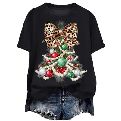 Image of Christmas T Shirts for Women UK Funny Plus Size Ladies Xmas Sweatshirts Women Casual Round Neck Short Sleeve Top with Funny Christmas Print Tshirt Cotton Long Sleeve T Shirt for (XL) Black