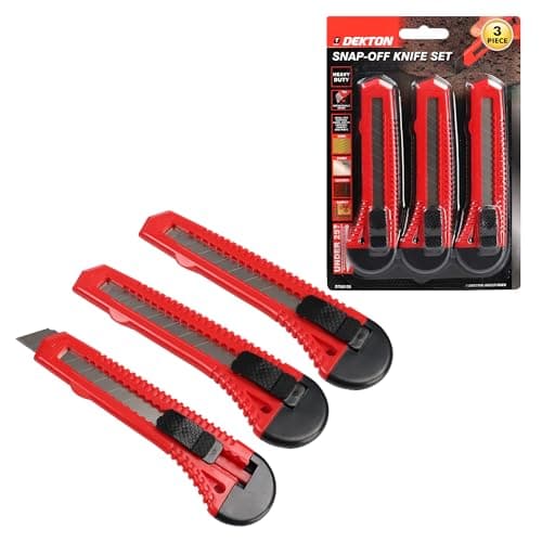 Image of Dekton 3-Piece Snap-Off Utility Knife Set with Retractable Blades, Ergonomic Non-Slip Handles, Heavy-Duty Construction for Cutting Cardboard, Carpet, and More – Ideal for DIY and Professional Use