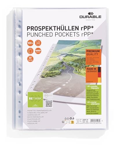 Image of Durable Recycled A4 Punched Pocket Sleeve Wallets - Pack of 100 Robust Punched Pockets - Made of Strong Recycled PP - Transparent