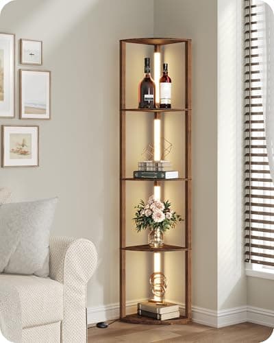 Image of GOEBLESON Floor Lamp with Shelves, 4 Tier Wooden Standing Lamp, 360° Rotatable Pole, 3 CCT & Dimmable Corner Floor Lamps for Bedroom, Living Room, Study, Office, Rustic Brown ZF54LDK05