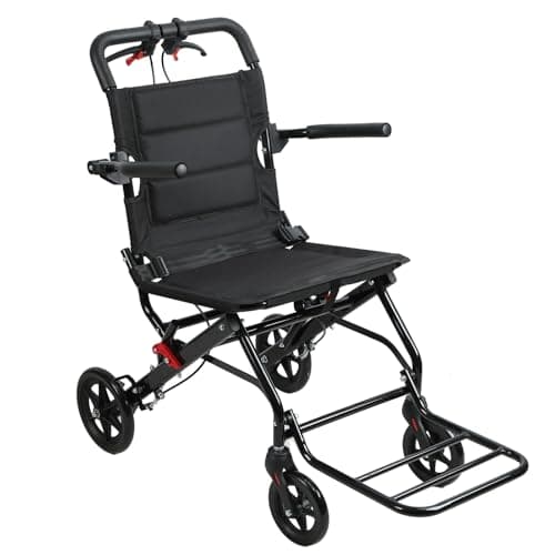 Image of Portable Folding Transport Wheelchair, Lightweight Travel Wheelchair for Seniors with Wider Seat, Telescopic Handle, 12" Rear Wheels & Safety Belt, Supports 120kg (18.1" Widen Black)