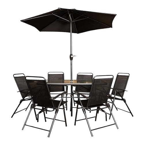 Image of Samuel ALEXANDER Outdoor 6 Seater Glass Top Table and Chairs Patio Set with Parasol in Black