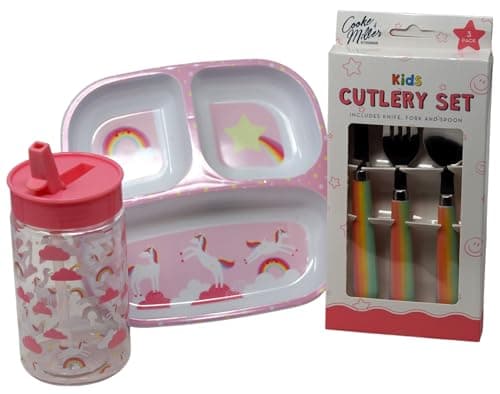 Image of Kids Unicorn Dinner Set - Divided Plate Cup and Metal Cutlery Set