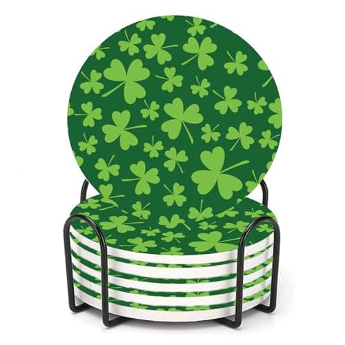 Image of ubcindy St Patricks Day Coasters Set of 6 for Drink, Round Absorbent Ceramic Stone Coaster,Green Shamrock Irish Coasters with Metal Holder Stand and Cork Base for Coffee Kitchen Party Home Decor Gift