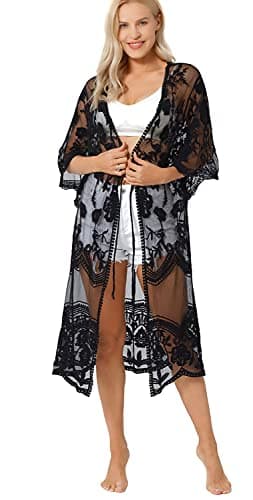 Image of marysgift Black Dress for Women Beach Coverups Lace Kimono 3/4 Sleeve Floral Print Bohemian Beachwear Bikini Cover Up Long See Through Lace Cardigan Black A00102*