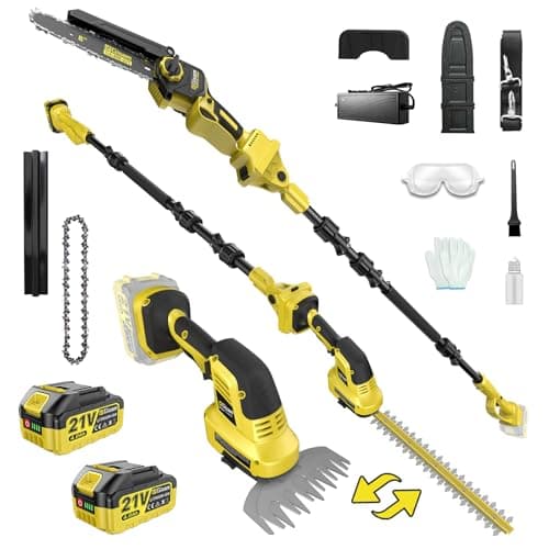 Image of 6-in-1 Cordless Hedge Trimmer & Pole Saw, 8-Inch Mini Chainsaw & Cordless Pole Hedge Trimmer, Brushless Motor, 0-180° Adjustable, Extend Pole to 4.5m, 2×4.0Ah Batteries, Ideal for Fence (yeellow)
