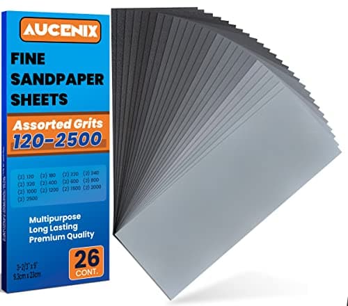 Image of Aucenix 26PCS Sandpaper, 120 to 2500 Mixed Grits Assorted Sanding Paper Pack for Wood, Fine & Coarse Wet & Dry Waterproof Abrasive Paper Sheets for Walls, Metal Plastic, Furniture Finishing, Polishing