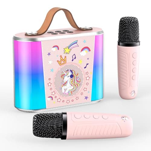 Image of PKBD Karaoke Machine for Kids with 2 Wireless Microphone,Mini Portable Karaoke Bluetooth Speaker with Voice Changing Effects & LED Lights,Gifts for Girls Boys Age 3-15(Pink)