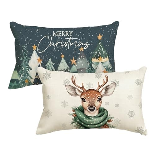 Image of Artoid Mode Trees Reindeer Snowflakes Merry Christmas Cushion Covers Set of 2, 30x50 cm Winter Decorative Pillow Case Cover Sofa Living Room Decor
