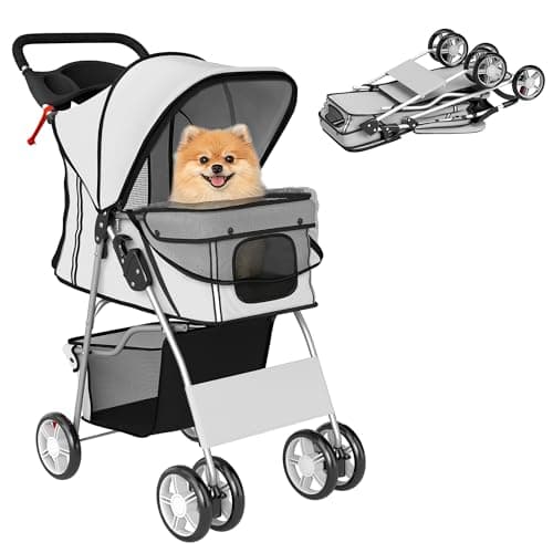 Image of PawHut Pet Stroller for Small Dogs Cats Foldable Travel Carriage with Wheels Zipper Entry Cup Holder Storage Basket Grey