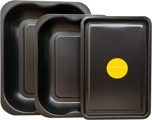 Image of 3-Pack Black Roasting and Baking Tray Set - Large Roaster (38cm); Medium Roaster (33cm) & Small Tray (32cm) - Baking Tray Set Tray/Pan, Non-Stick, Multi-Pack Set Oven Trays - Dishwasher Safe