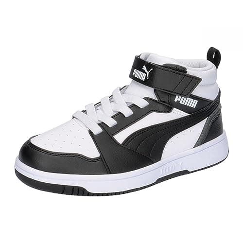 Image of PUMA Unisex Kids Rebound V6 Mid Ac+ Ps Sneaker, Puma White Puma Black Shadow Gray, 1 UK