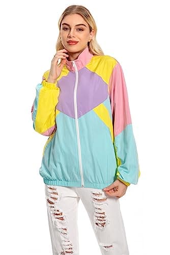 Image of Seaehey 80s jacket, training jacket, women's retro tracksuit, tracksuit, sportswear, colourful coat, hip-hop disco, 80s 90s outfit, carnival theme party, Green, L