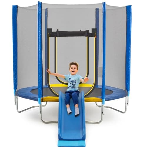 Image of 7FT Hexagonal Trampoline for Kids with Slide, Safety Enclosure Net, Jumping Mat, Safety Pad and Ladder – Indoor & Outdoor Toddler Trampoline for Garden or Home Use