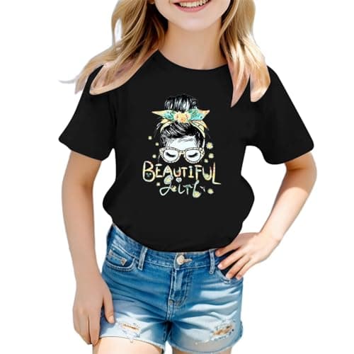 Image of Girls' Cute Graphic Print T-Shirt - Cotton Top Round Neck Short Sleeve Tee Summer Casual Lightweight Soft School Christmas Shirt Age 3-12 (04-Black, 9-10 Years)