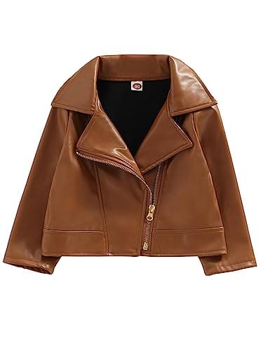 Image of YILEEGOO Toddler Baby Boys Girls Faux Leather Motorcycle Jacket Casual Long Sleeve PU Label Zipper Coat Outwear (Brown, 12-18 Months)