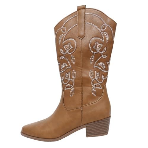 Image of Cowboy Boots for Women Ladies Cowgirl Cowboy Boots Chunky Heel Leather Mid Wide Calf Country Riding Western Wedding Shoes for Party Country Concert (Brown, 7)