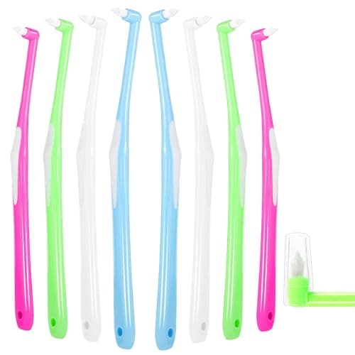 Image of RAYITO 4Pcs Interspace Toothbrush, Soft Single Tufted Toothbrush with Cover Slim Interspace toothbrushes interdental Brushes for Orthodontic Braces Detail Cleaning(Blue/Green/Rose Red/White)