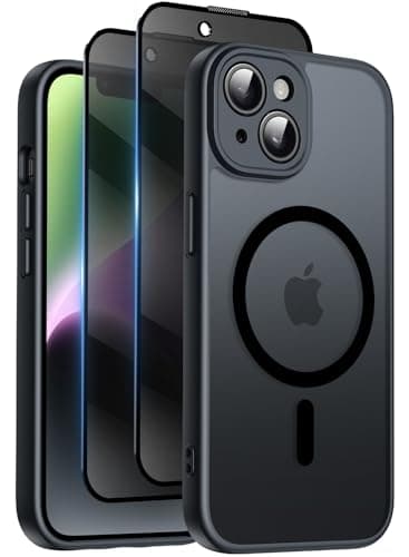 Image of Qasyfanc for iPhone 14 Plus Case with MagSafe, Privacy Screen Protectors X2, [Camera Protection] [15FT Military Drop Protection] Magnetic Translucent Matte Back Shockproof Phone Cover, 6.7", Black
