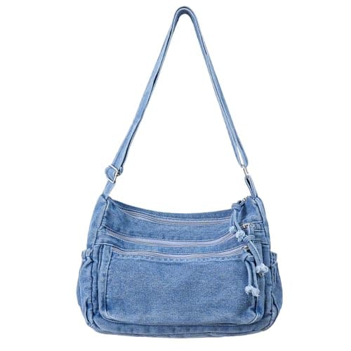 Image of Ausing Large Denim Purses for Women Fashionable Denim Tote Bag Spacious Crossbody Handbag Multi-Pocket Tote Bag for Travel Shopping Work Blue