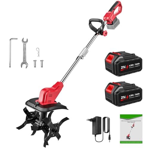 Image of Cordless Garden Tiller Cultivator 21V, 550W Electric Rotavator with 2 x 4.0Ah Batteries, 30cm Working Width, 22cm Tilling Depth, 4 Steel Blades & LED Display, Soil Cultivator for Ground Preparation