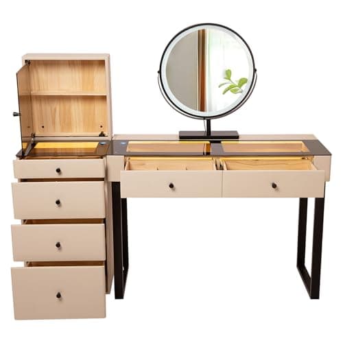 Image of AGGBDYXO Glass Top Vanity Table with 6 Drawers, Dressing Desk with Mirror, Modern Makeup Table with Storage, Perfect for Bedroom, Dressing Room, or Home Office,Khaki