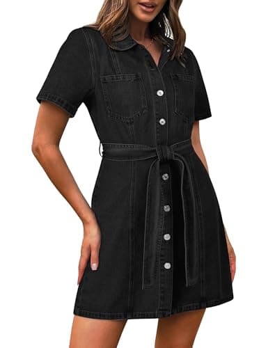 Image of Fengbay Denim Dresses for Women UK, Ladies Short Sleeve Button Down Casual Denim Shirt Dresses with Pocket Black