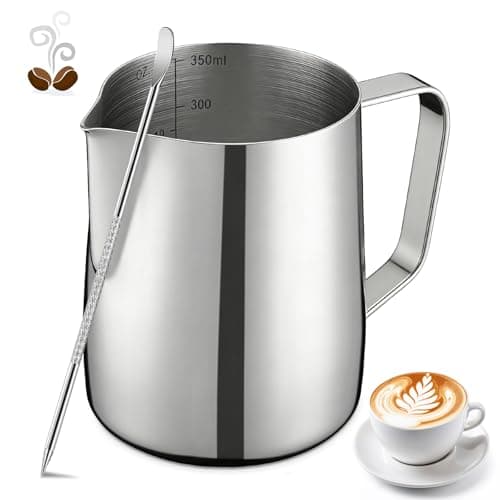 Image of Milk Frothing Pitcher, 350ml/12oz Milk Jug for Coffee Machine, Stainless Steel Pitcher with Measurement Mark and Decorating Pen for Making Latte Art