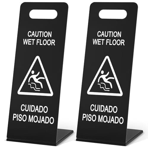 Image of Blulu 2 Pcs 22 Inch Caution Wet Floor Sign, Stainless Steel Collapsible Bilingual Caution Wet Floor Sign, Portable L-frame Heavy Duty Safety Warning for Restaurant Restroom Office Avoid Fall(Black)