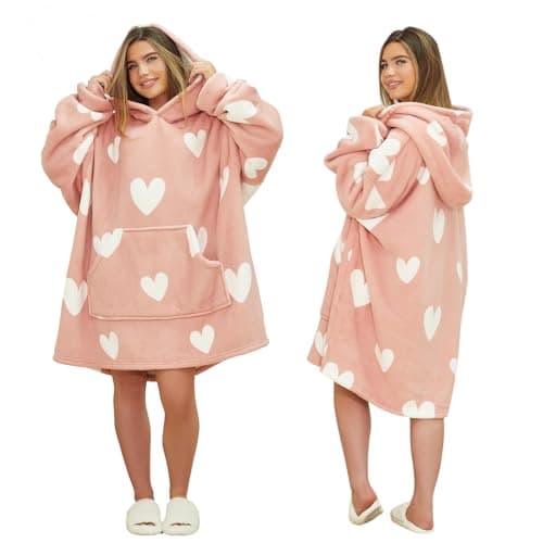 Image of Dreamscene Heart Print Blanket Hoodie, Mothers Day Gifts Super Soft Sherpa Fleece Warm Cosy Oversized Hoodie Women Wearable Blanket Snoodie Hooded Sweatshirt for Women Adult Girls, Blush Pink
