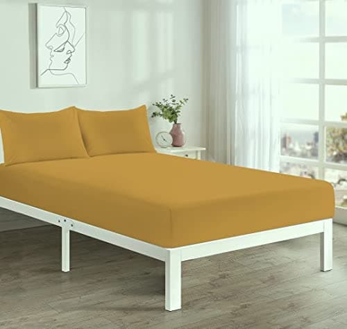 Image of Fitted Bed Sheet With FREE MATCHING 2 X PILLOW CASES Poly Cotton Percale Easy Care Plain Dyed Bed Sheet Mustard Double