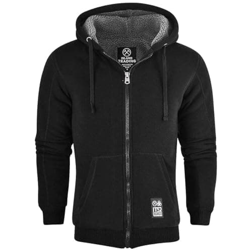 Image of Island Trading Mens Cotton Padded Borg Fleece Sherpa Lined Full Zip Up Hoodie Sweatshirt Jacket XX Large Black