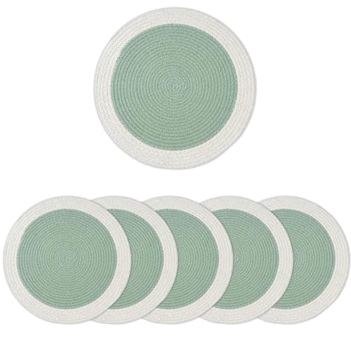 Image of Encasa XO Dining Placemats Set of 6 | Cotton Round Table Mat - 32 cm Diameter | Sage & Off White | Handmade Rib Style Chargers for Diner Plates