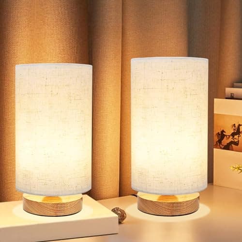 Image of Bedside Lamps Set of 2, Small Table Lamp Minimalist Bedside Light with Linen Fabric Shade Classic On/Off Switch Natural Wooden Base Bed Side Reading Lamp for Bedroom, Living Room, Desk (Bulb Included)