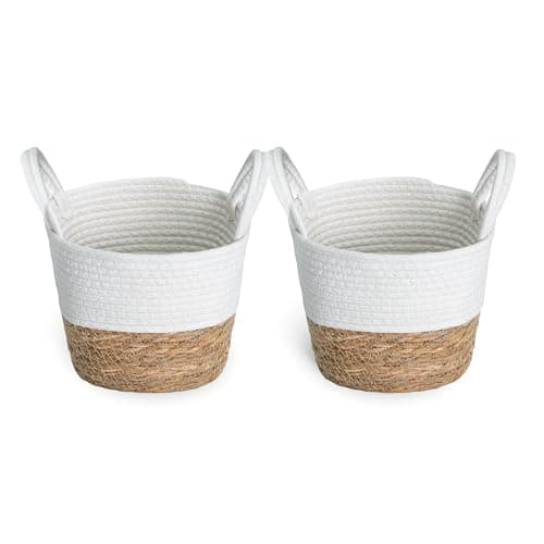 Image of Wickerfield Set of 2 Plant Pots Indoor, Cotton Rope Seagrass Indoor Planter, Plant Basket with Handle, Woven Storage Basket for Indoor Plants Flower Pot Toys and Home Decoration (25cm)