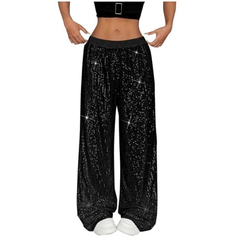 Image of Sequin Trousers for Women UK Glitter Sparkly Trousers Flare Pants Elegant Shiny Bling Bell Rhinestone Sequined Wide Leg High Waist Loose Sparkly Jeans for Club Party Gym Yoga (Black, S)