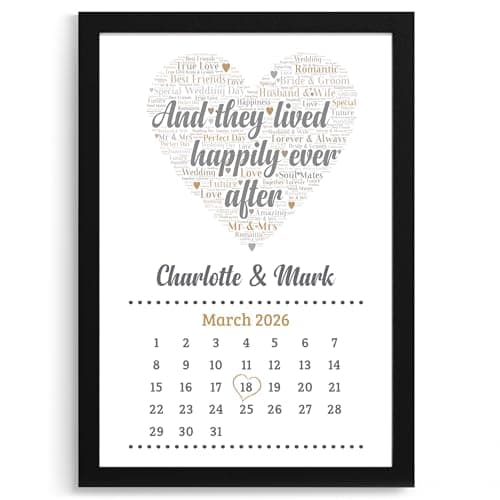 Image of Beecreative Personalised Wedding Gifts for Bride & Groom - Custom Calendar Print with Names and Date of Wedding - Personalised 'And They Lived Happily Ever' Wedding Present Keepsake