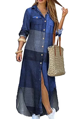 Image of YMING Lady's Lapel Collar Print Shirt Dress Casual Button Up Side Slit Blouse Dress Blue M