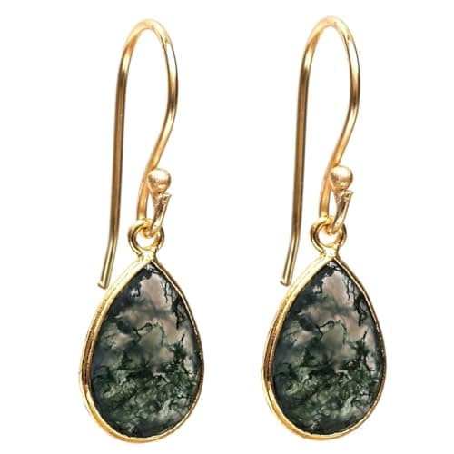 Image of Gempires Teardrop Gemstone Earrings for Women | Pear Shape Faceted Crystal Dangle Drop Earrings | Gold Plated Hypoallergenic Jewellery (Multiple Gemstone Options) (Moss Agate)