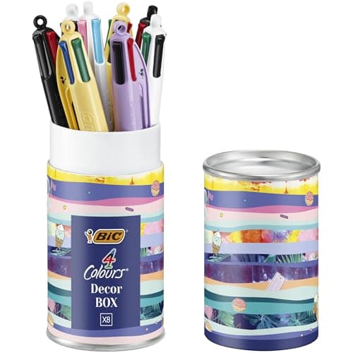 Image of BIC 4 Colours Message Box - Retractable Ballpoint Pens Medium Nib (1.0 mm) - Assorted Decorations, Metallic Gift Box of 8, Assorted Design, White, black, red, blue
