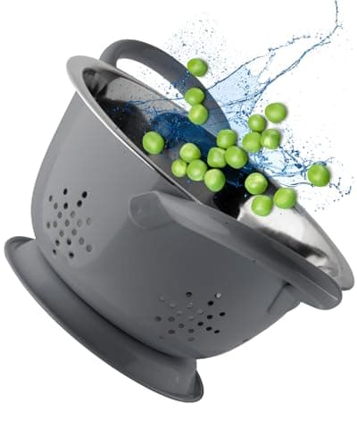 Image of Stainless Steel Mini Colander - Durable & Rust Resistant Drainer with Perforated Drainage Holes & Ergonomic Side Handles. Strainer for Pasta, Veggies & Fruits. 15cm Dia x 8.6cm. Graphite Colour