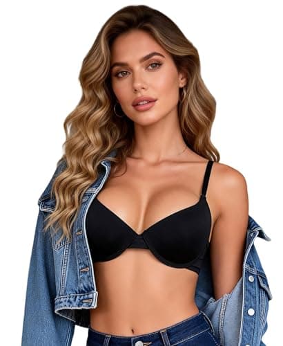 Image of ohyeahlady Women's Comfort Bras Sexy Deep V Plunge Underwired Padded T Shirt Bra Lightly Lined Cups Comfit Cup Bralette Black 34B