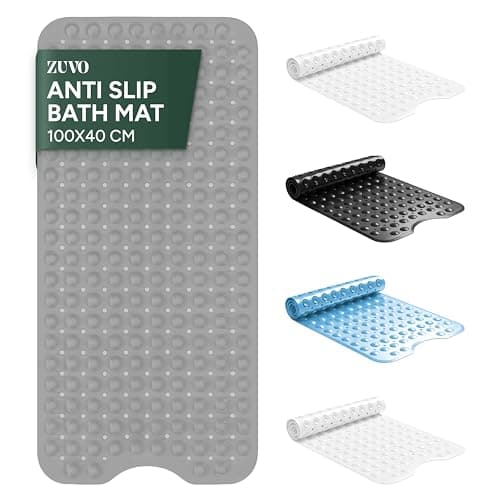 Image of Zuvo Non-Slip Bath Mat for Inside Bath – Extra Long 100 x 40cm, Anti Mould, Machine Washable Shower Mat with Suction Cups & Drain Holes – Safe for Kids & Elderly (Grey)