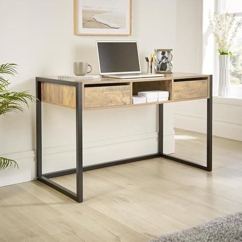 Image of Home Source Office Desk, Oak Effect – Compact Computer Workstation with 1 Drawer and 1 Door Storage Cabinet